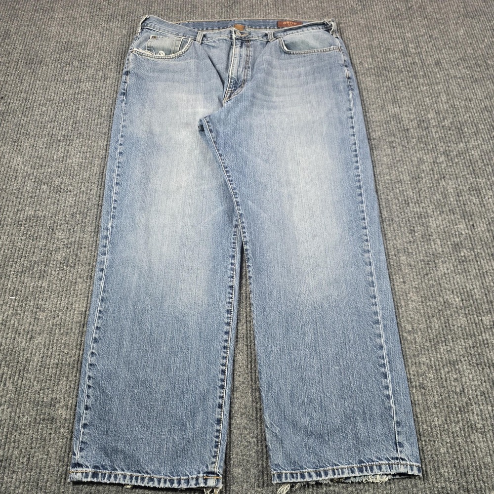 Orvis Jeans Mens 40x30 Blue Relaxed‎ Straight Montana Morning Denim Frayed Hem